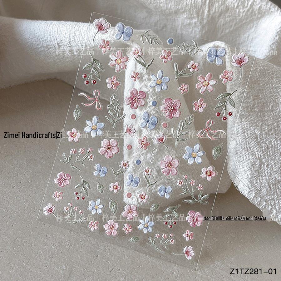 Korean Spring & Summer Monet Floral 3D Nail Stickers - Hand-Painted, Embossed, Self-Adhesive DIY Decor for Students