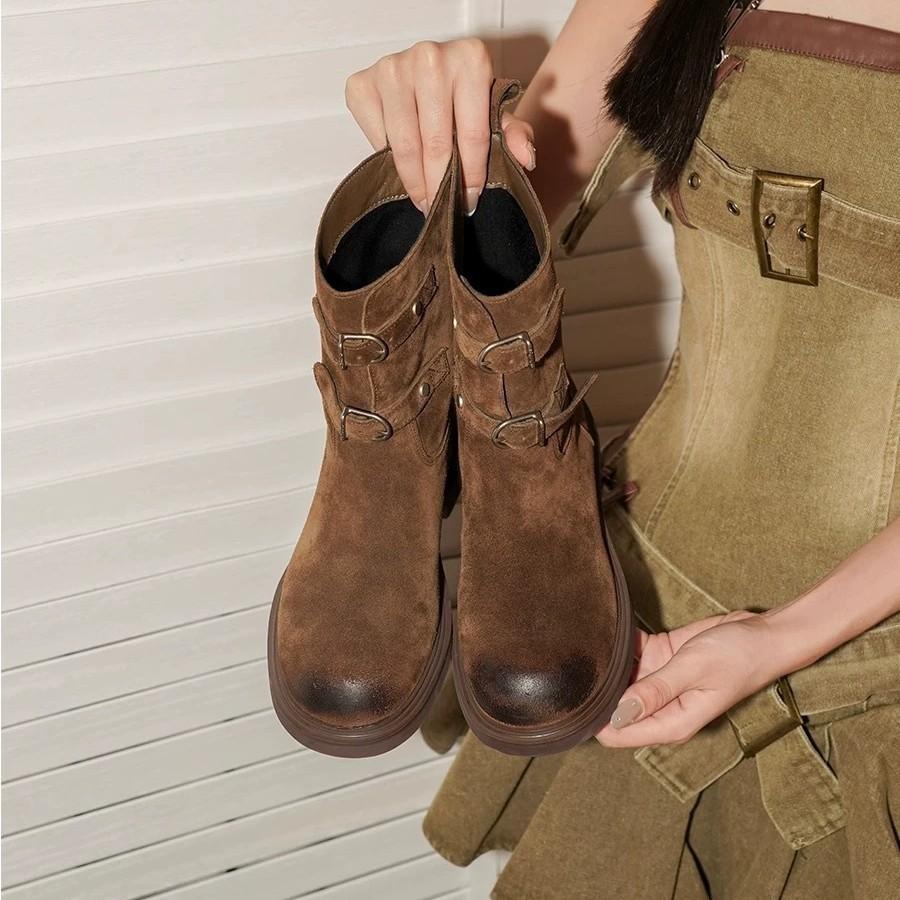 Sheepskin version~ Maillard Lazy Wind Belt Buckle Rub Color Round Head Western Cowboy Boots Women's Coarse Heel Short Boots Martin Boots