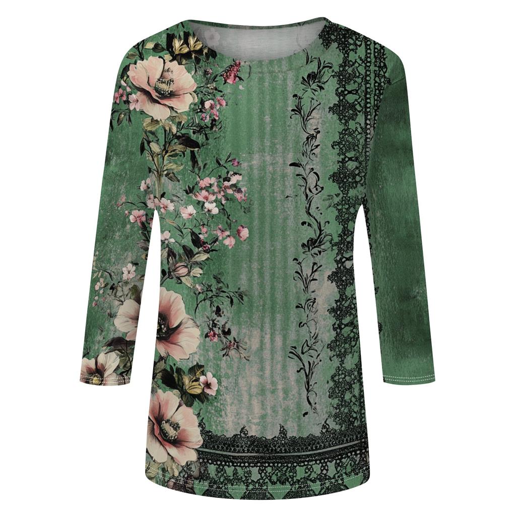 Women's Casual Round Neck Three Quarter Sleeve Floral Print Top Lightweight Soft Fabric Comfortable Fit