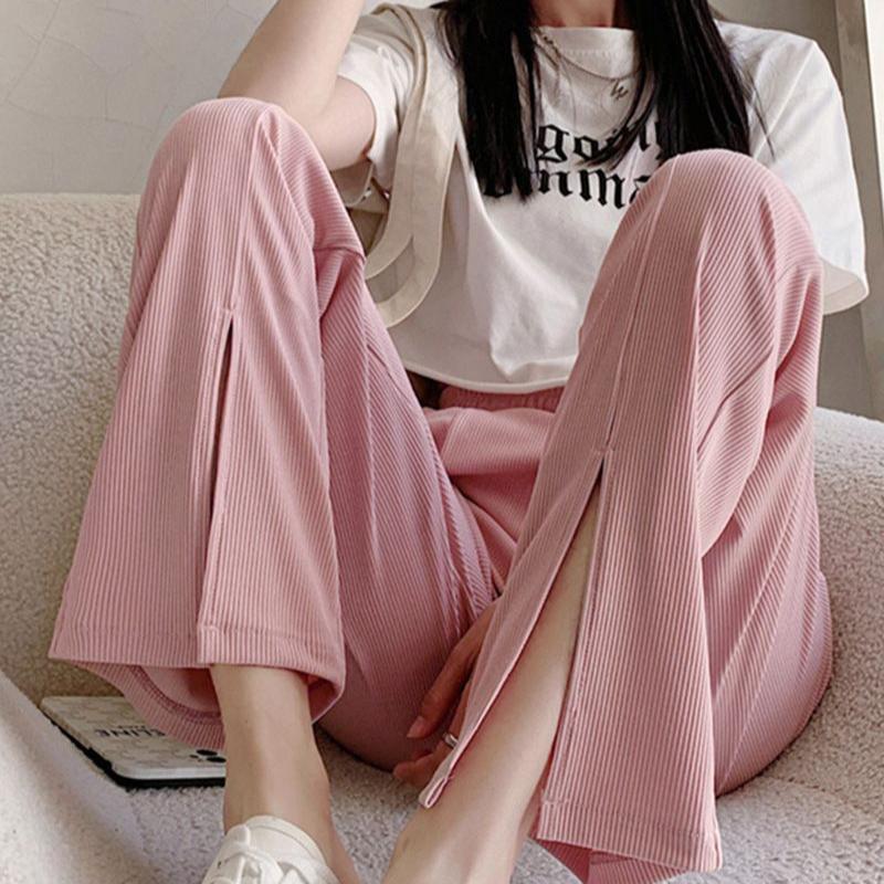 High Waist Drape Ice Silk Pants for Women Summer Thin Loose Straight Split Plus Size Casual Wide Leg Pants