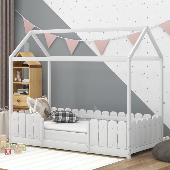 Single Bed Sturdy Construction High Stability Fence Design Mildew-proof Good Load-bearing Anti-fall Smooth Surface Frame Wooden Bedstead Bedroom