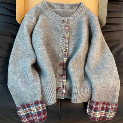 Women's Korean Style Fake Two-piece Round Neck Patchwork Plaid Sweater Autumn and Winter Loose Casual Knitted Cardigan Top