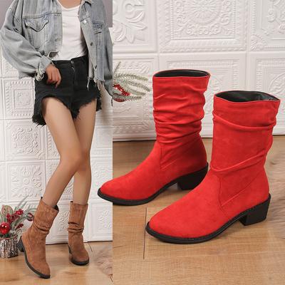 Large Size Snow Boots Women's 2024 Autumn and Winter New European and American Foreign Trade Round Head Thick Heel Stacking Boots Cover Mid-foot Boots