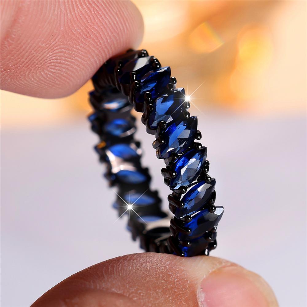 Luxury Cute Female Blue Zircon Stone Ring Vintage Fashion Black Gold Color Wedding Jewelry For Women
