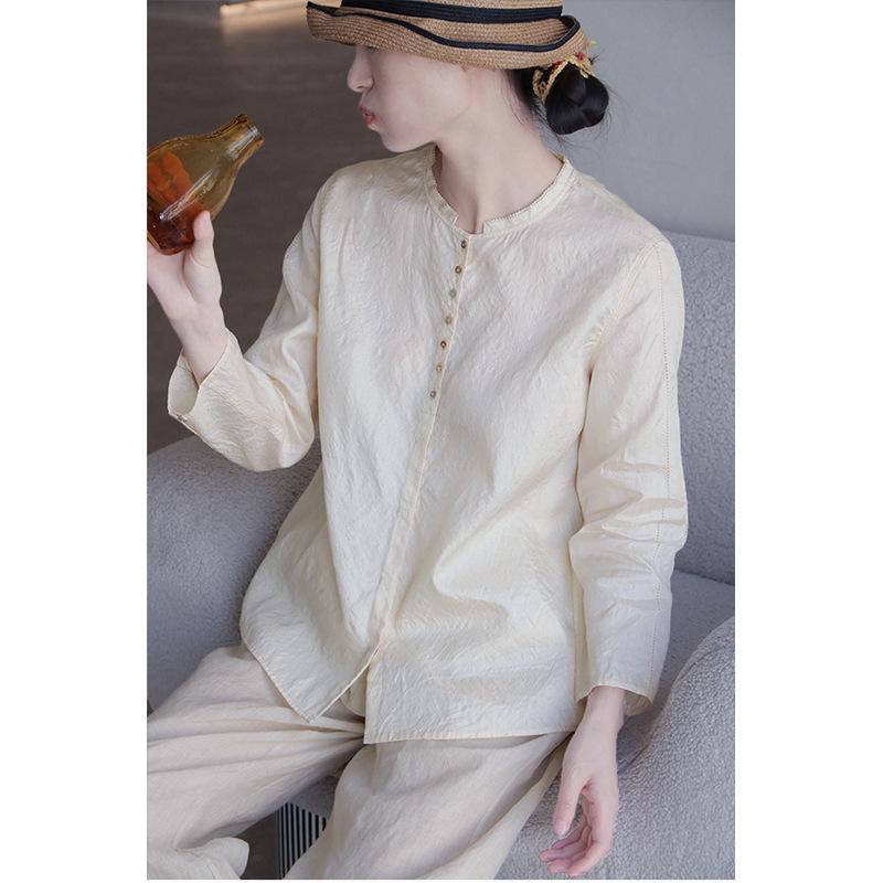 Autumn 2021 Retro Chinese Style Tussah Mulberry Silk Stand Collar Loose Long Sleeve Casual Women's Shirt