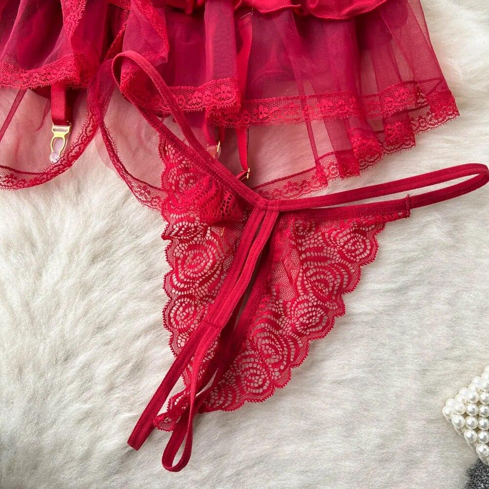 Summer Lace Sexy Underwear Suits Women Ruffles Sheer Camis Mesh Sensual Dress Suits Female Solid Erotic Open Crotch Slim Pajamas 2024