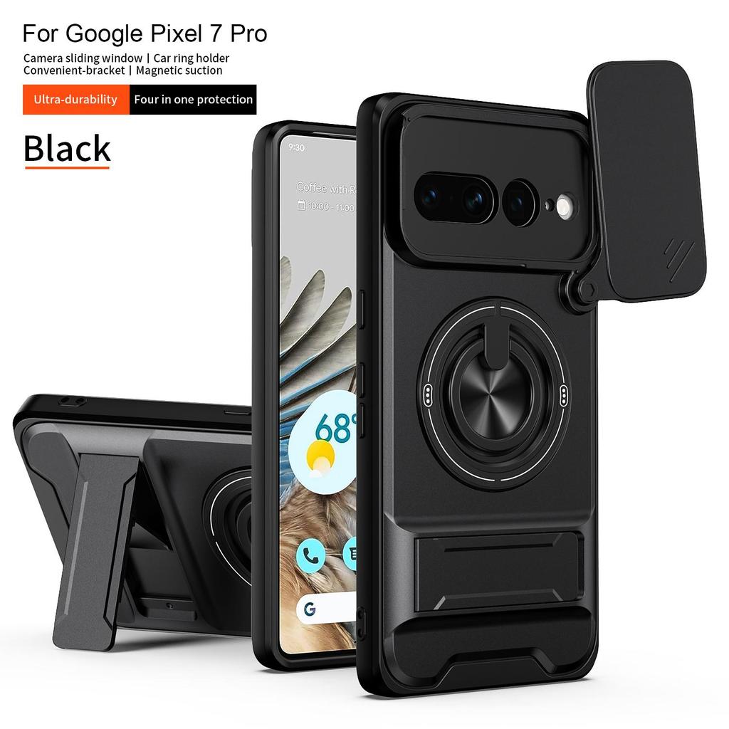 Sliding Camera Lens Cover for Google Pixel 7 Pro Case With Built-in Ring Stand Phone Case