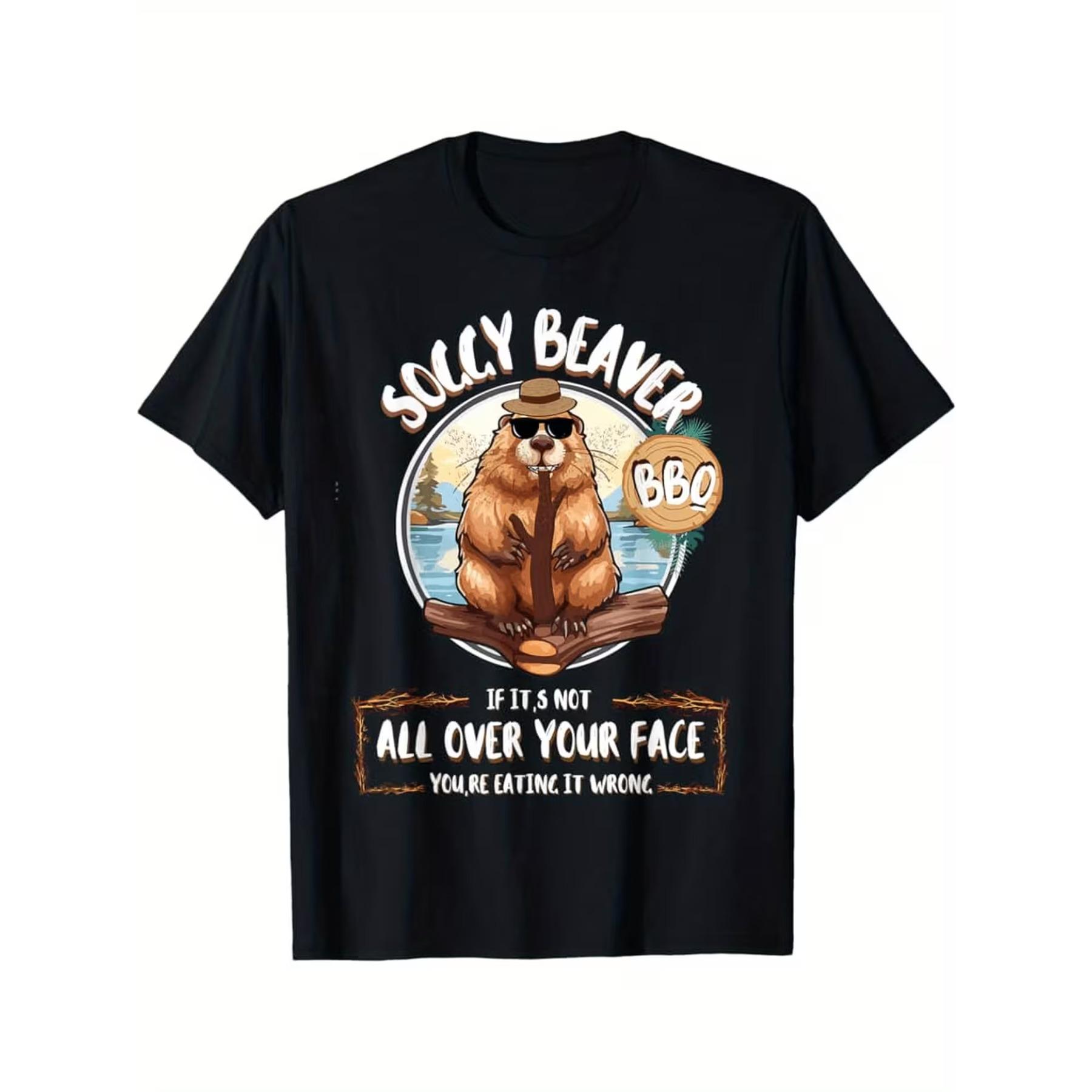 

Men s Funny Beaver BBQ Graphic T-Shirt - Wet Beaver Design with If Not Full Face Funny Print, Cotton Casual Short Sleeve Shirt, XXL