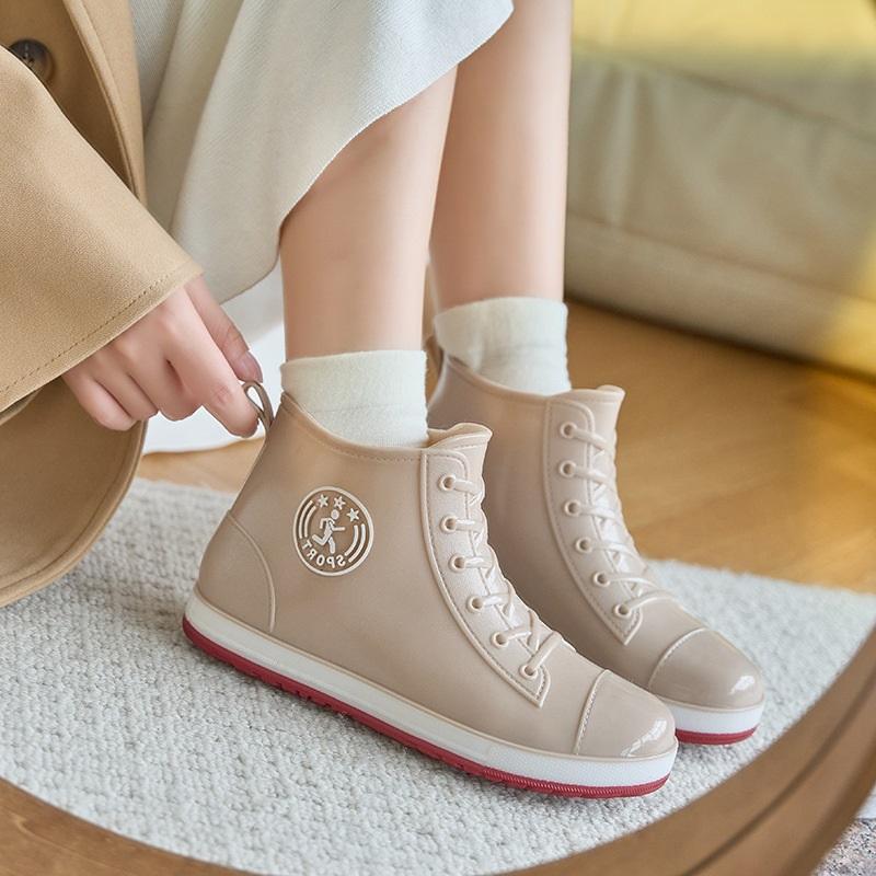 Women Ankle Rain Boots Lace Up Canvas Style Waterproof PVC Rubber Wellies Non Slip Casual Short Rain Shoes