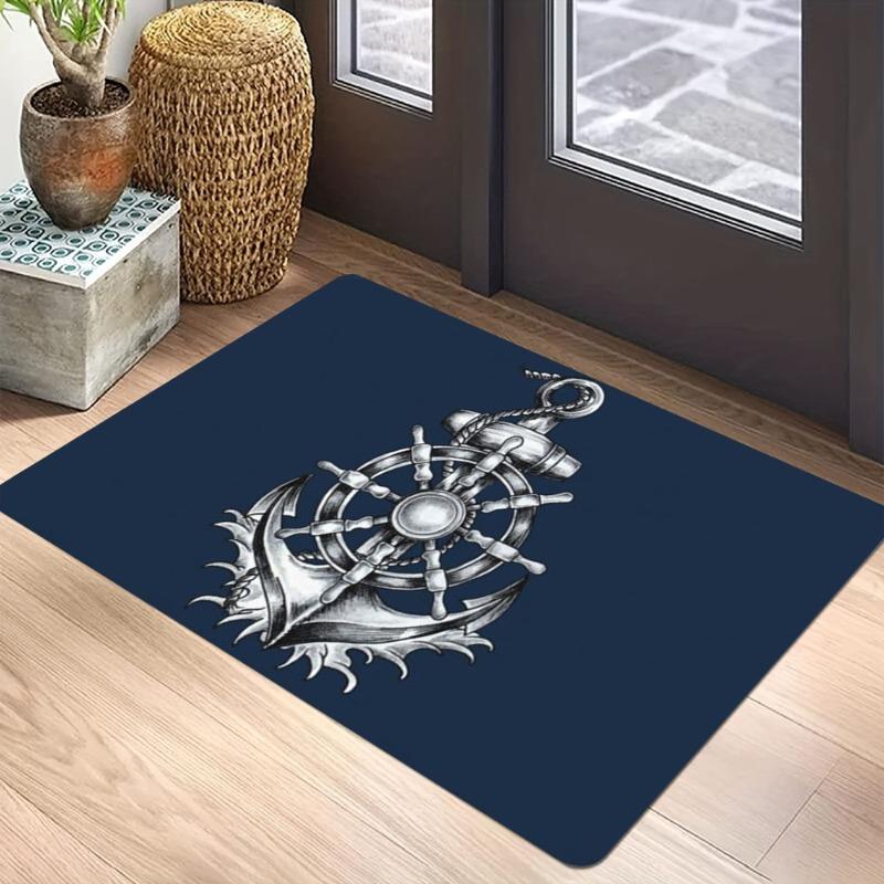 Nautical Vintage Theme Carpet Mat Rug Anchor Steering Wheel Compass Map Retro Hand-drawn Home Decoration Entryway Navy Blue