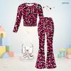 Girls Round Neck Long Sleeve Multi Color Printed Top And Flared Pants Two Piece Set