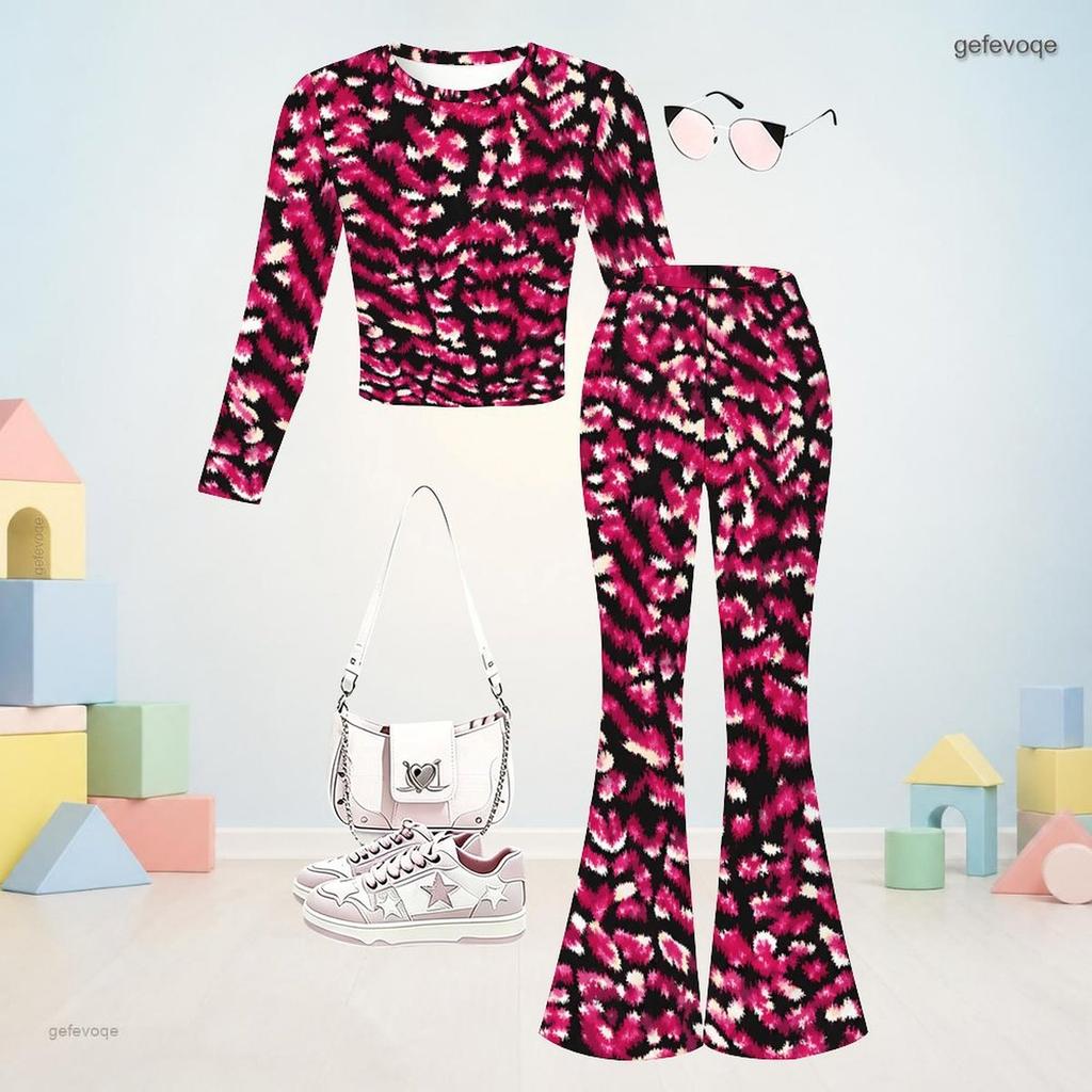 Girls Round Neck Long Sleeve Multi Color Printed Top And Flared Pants Two Piece Set