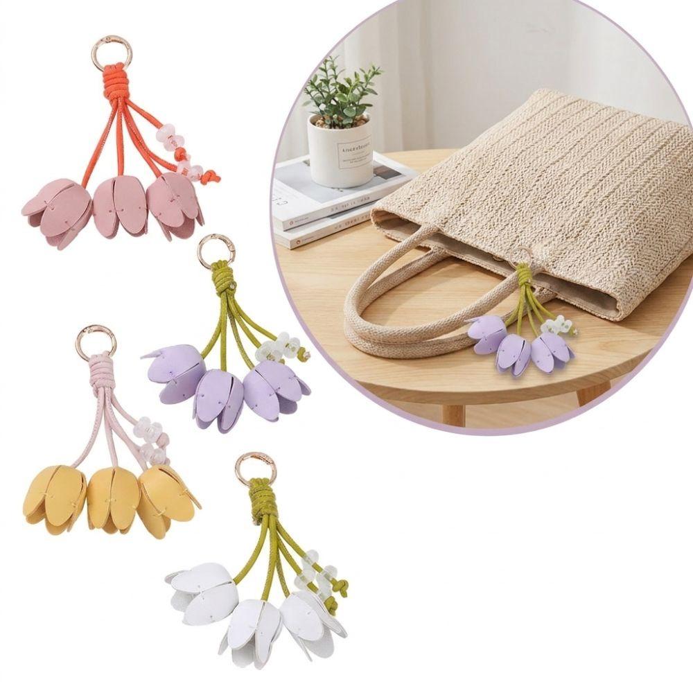 Tulip Shape Keychain Pendant Leather Like Decorative Charm Creative Flower Keyring Car Interior