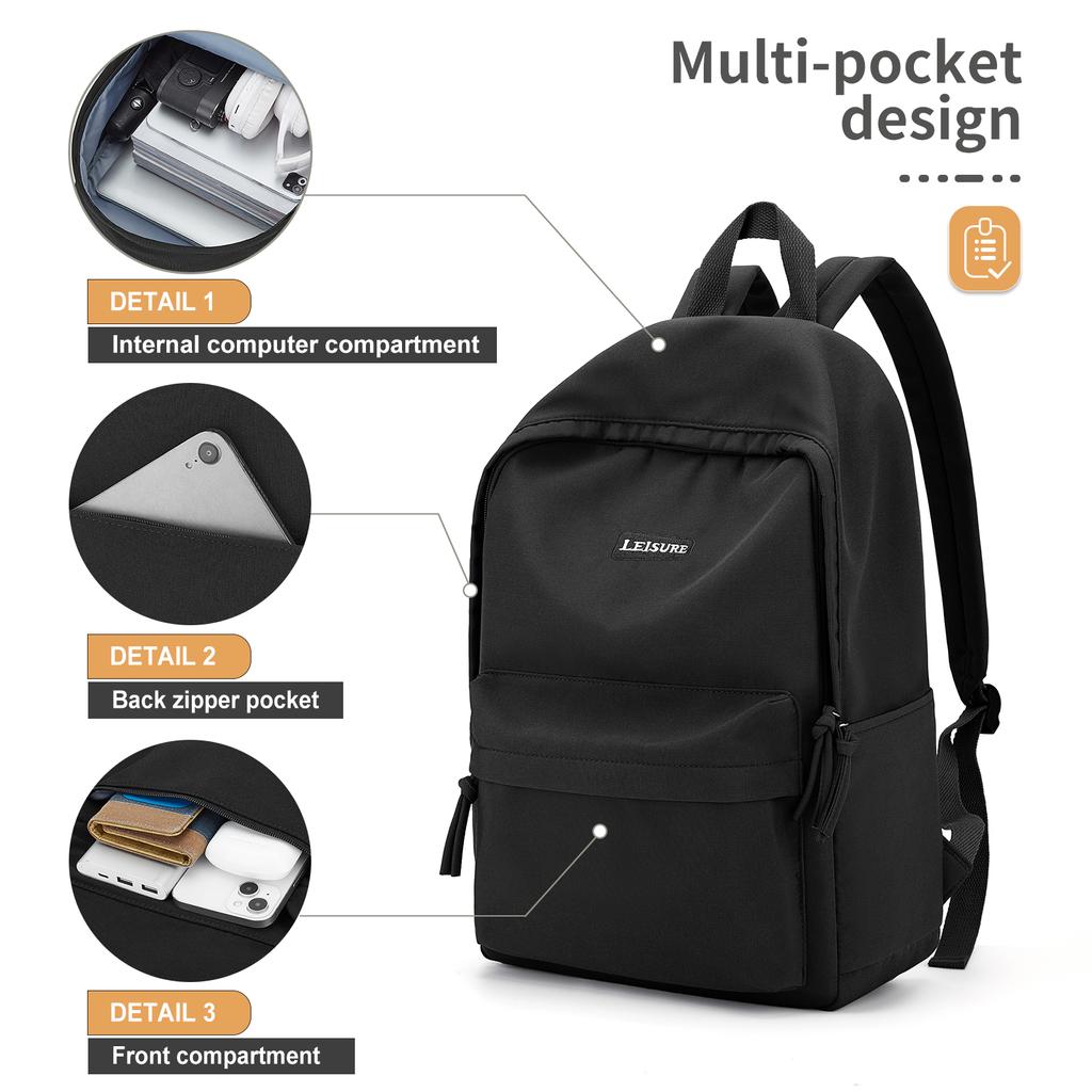 University Laptop Backpack Leisure School Backpack High School College Backpack, Black Commuter Nylon Backpack for Women Men