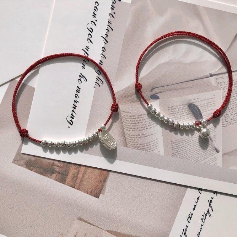 Benmingnian Red Rope Bracelet with Silver Bead & Bell Pendant - Women's Hand-Woven Anklet for Peace and Fortune