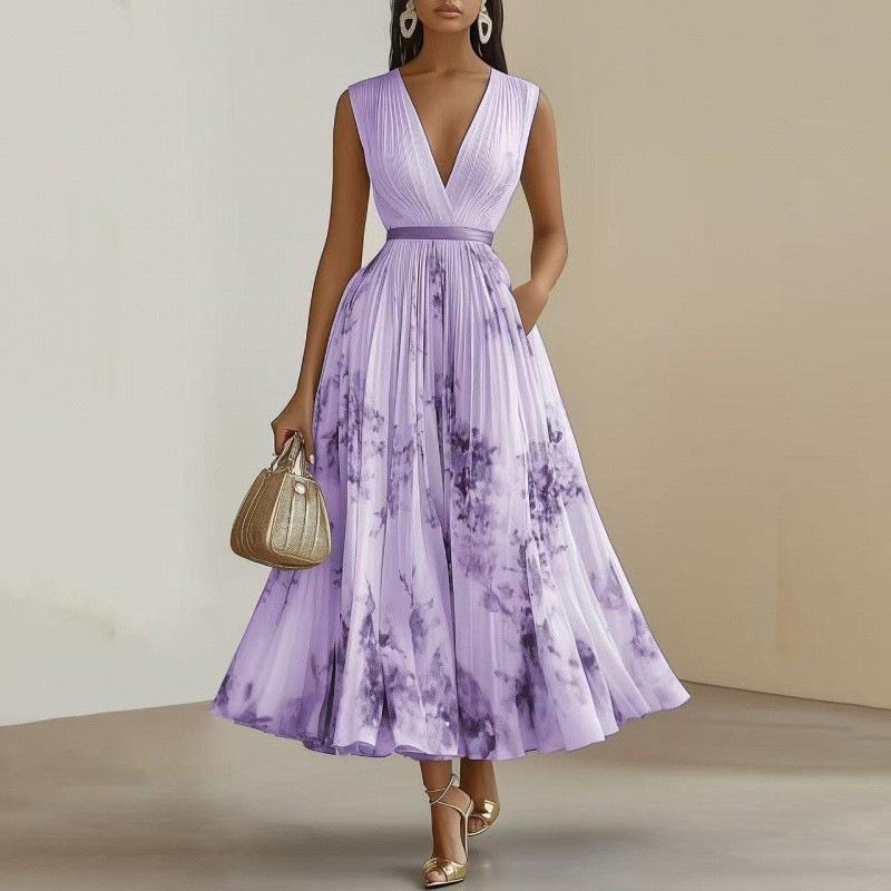 2026 European and American temperament printing deep V waist and thin pendulum sleeveless medium and long dress