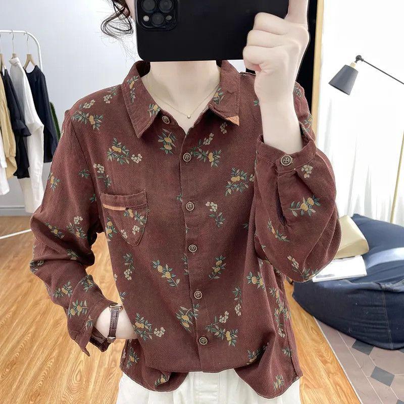 Korean Cotton and Linen Floral Long-sleeved Shirt for Women In Spring and Autumn with Printed Tops and Retro Bottoming Shirts