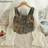 Retro primavera verão feminino streetwear colheita topo gola quadrada floral jacquard camisa feminina vintage elegante bandagem senhora curto topo