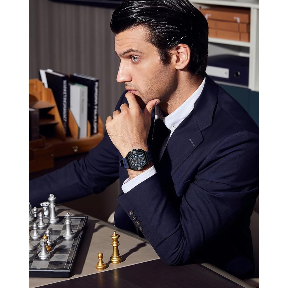 Tsar Bomba Men's Classic Tonneau Face Watch 50M Waterproof Sapphire Crystal Silicone Strap Blue 16.8mm Case Thickness