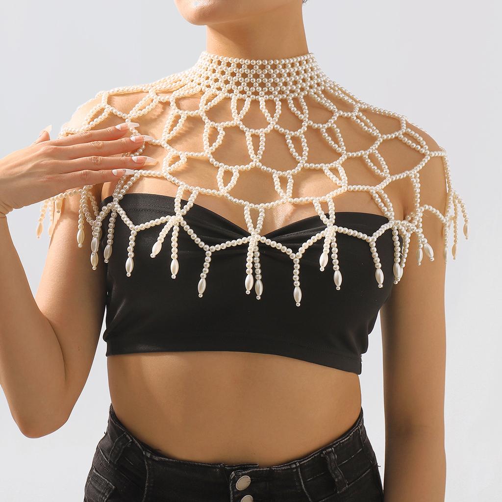 Luxury Retro Body Chain, Elegant Palace Style Imitation Pearl Hollow Tassel Shawl Body Chain Jewelry