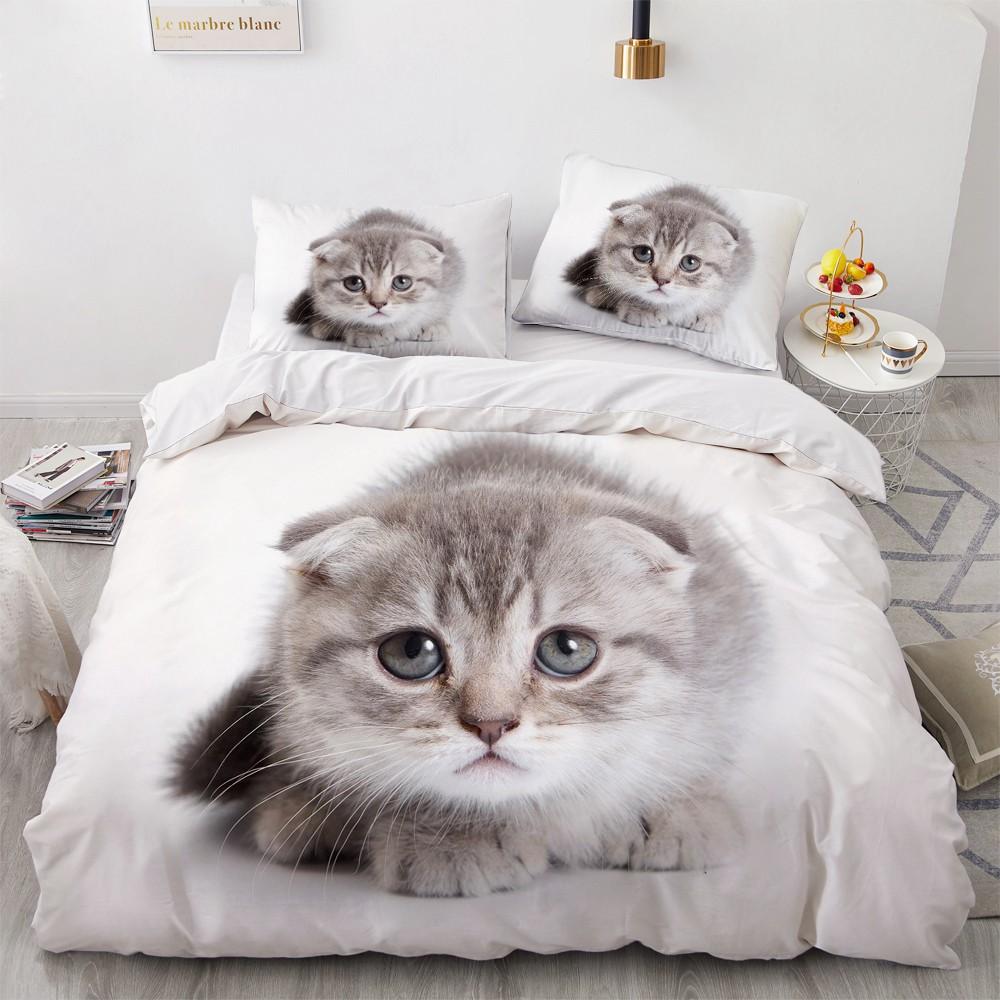 3D Cat King Queen Duvet Cover Lovely Grey White Kitty Bedding Set For Kids Teens Adults Scottish Fold Soft 2/3pcs Quilt Cover