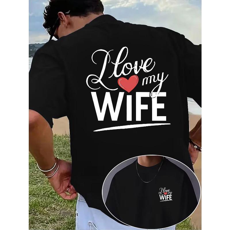 

European Size Men s Summer Casual Short-Sleeve Crew Neck T-Shirt with I Love My Wife Heart Print, Couple-Style Versatile Top,Eye-Catching and Trendy S чёрный