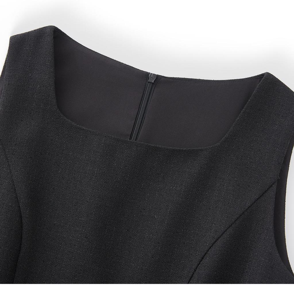 French High-End Square Neck Sleeveless Midi Dress with Waist-Gathering