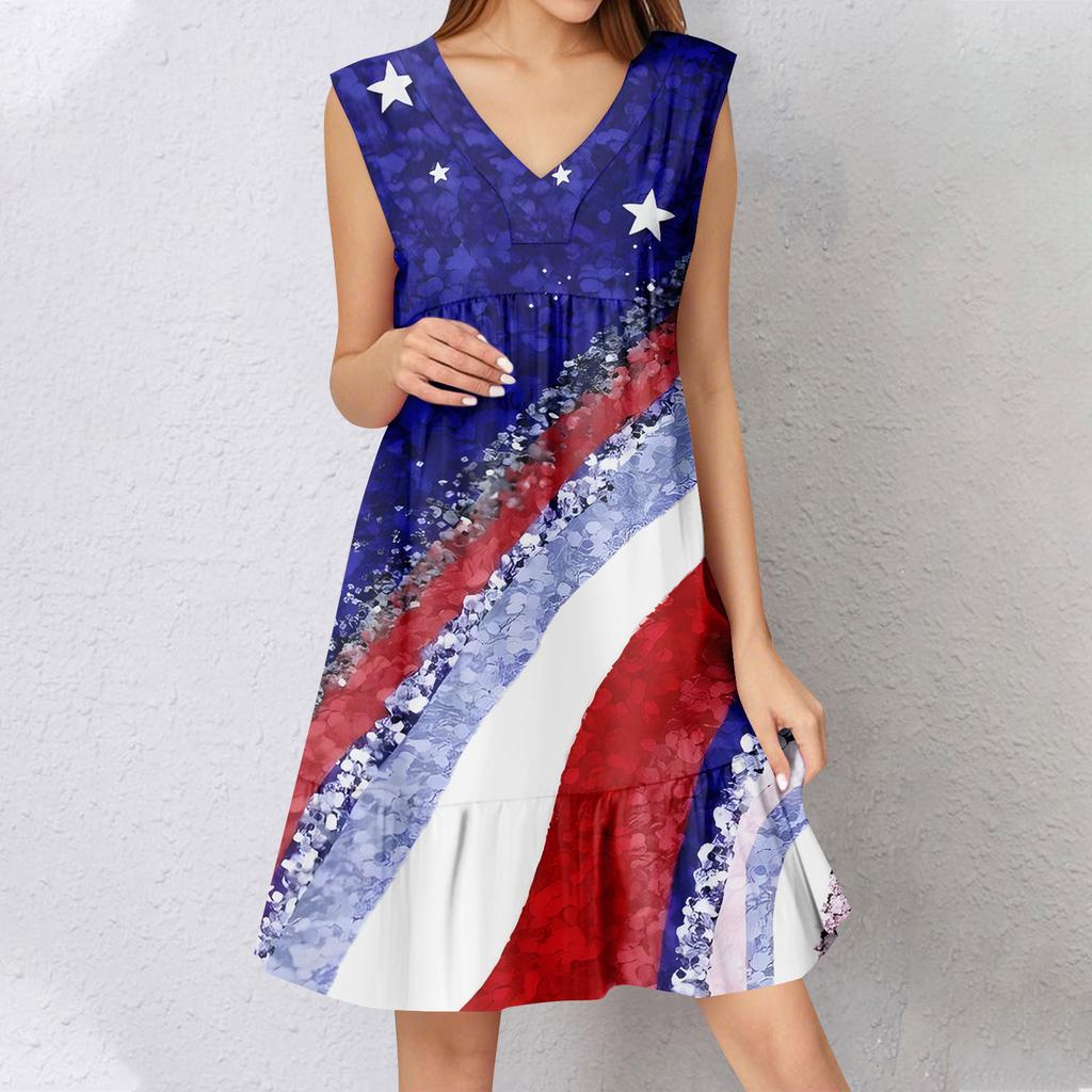 Womens Summer Dress Sleeveless V Neck  Independence Day Flag Print Short Dresses Fashion Casual Flowy Boho Ruffle A Line Swing Sundress