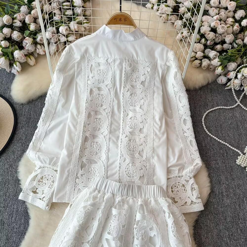 Spring Autumn Women Lace Patchwork Embroidery Designer Runway Outfits Fashion Single Breasted Shirt and Mini Short Skirt Two Piece Set