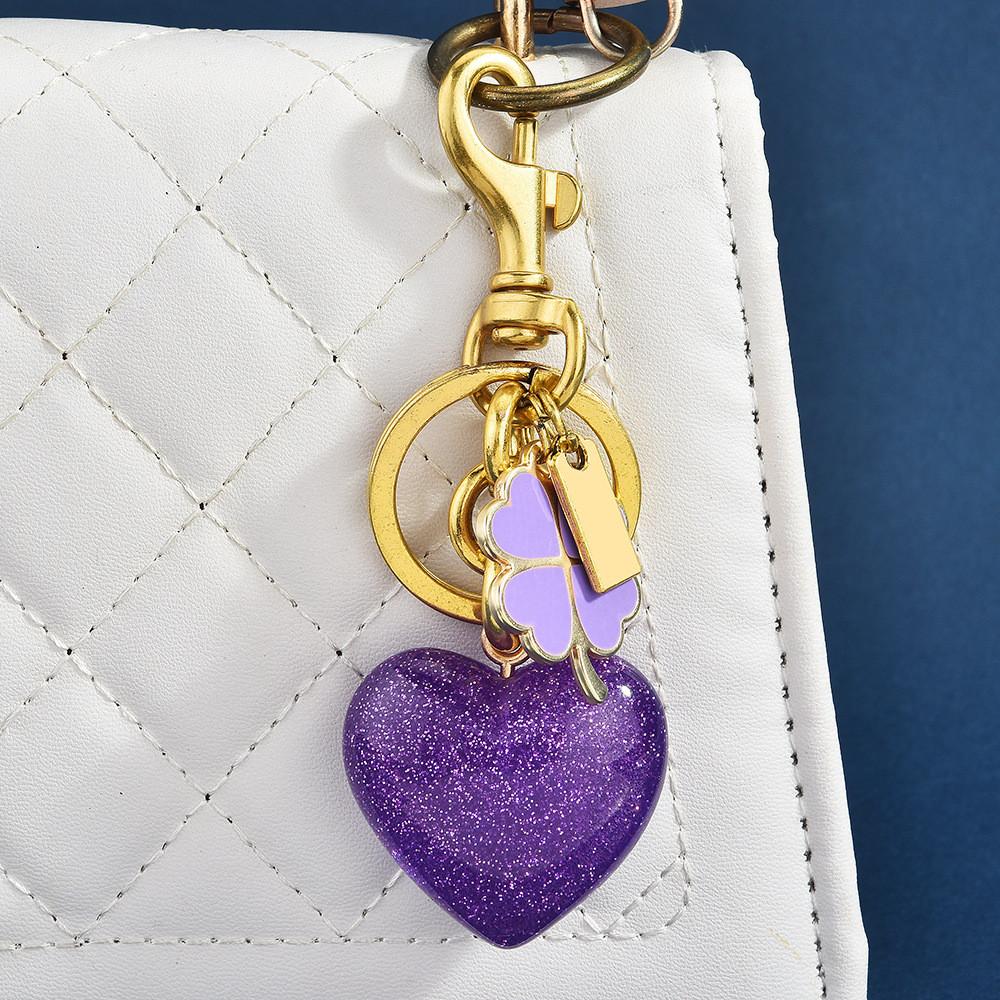 Love Heart Four Leaf Clover Keychain With Glitter Resin Metal For Fashion Bags And Gifts