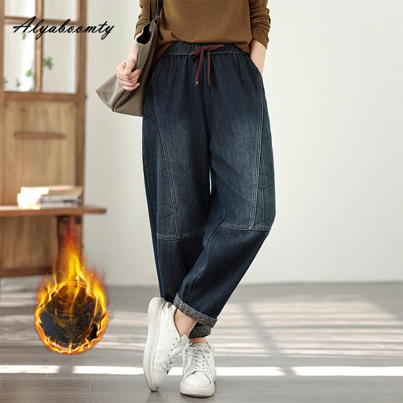 Korean Style Thick Fleece Winter Women Warm Jeans High Waist Vintage Casual Loose Denim Trousers Retro Patchwork Dark Blue Jeans