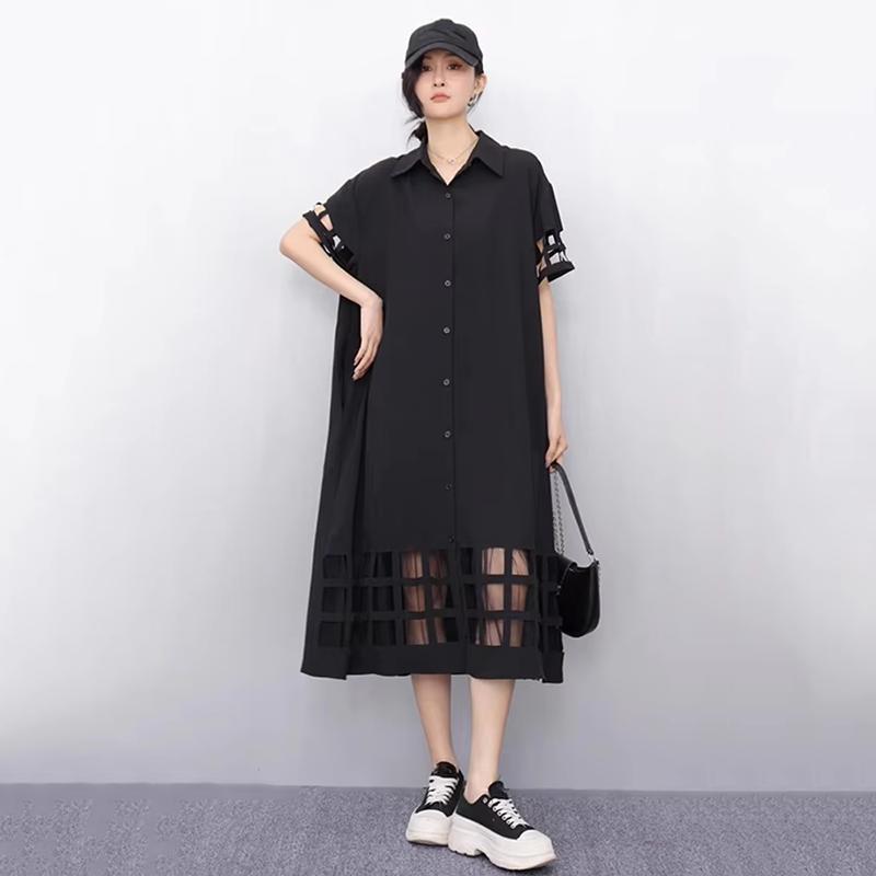 XITAO Hollow Out Patchwork Gauze Short Sleeve Dress GYX1621