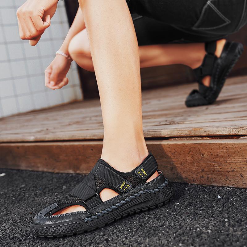 Hand-stitching Men's Beach Flats New Fashion Male Sandals Summer Outdoor Leisure Hollow Out Shoes Breathable Soft Mesh Footwear