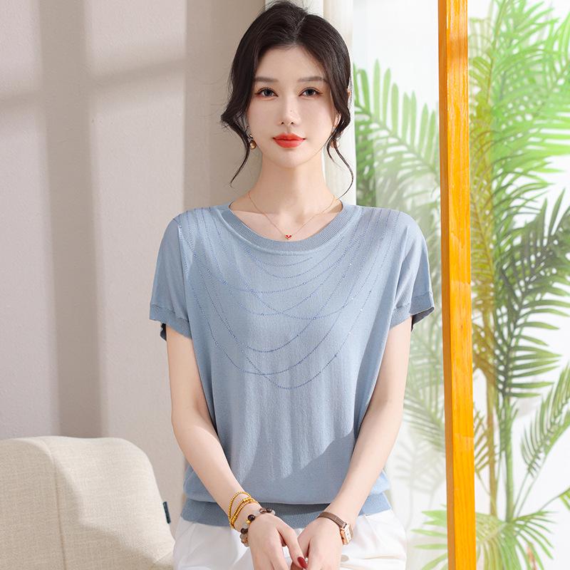 2026 Sommer-Eis seide Kurzarm Stricktop für Frauen mittleren Alters und ältere Frauen, Lockeres Plus-Size T-Shirt