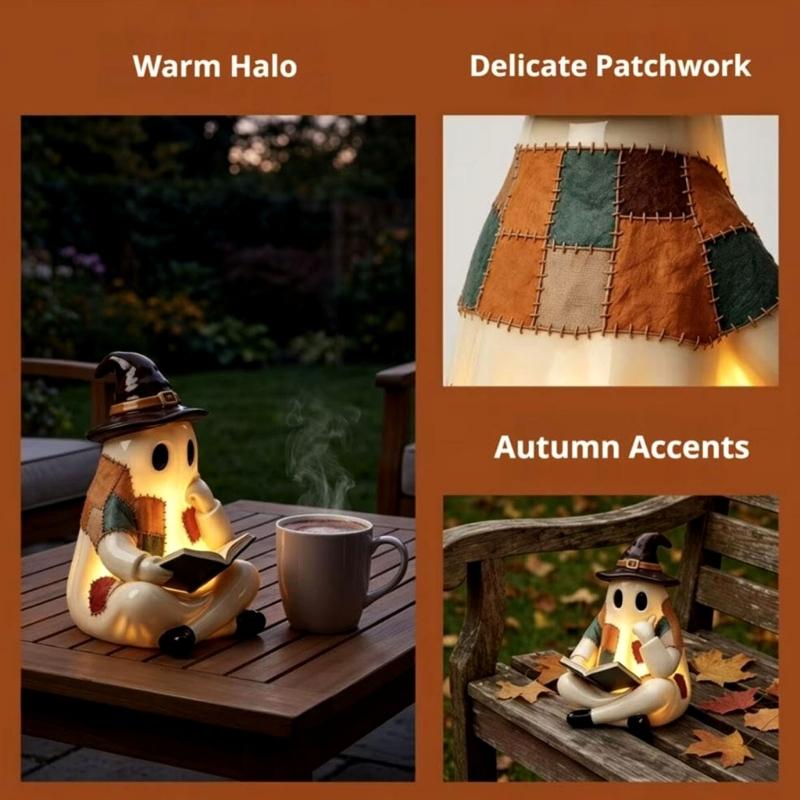 Halloween Patchwork Ghostly with Led Light Lighted Character Figure for Fall Display, Formed Accent with Soft Light for Shelf, Desk, Entry Table, or