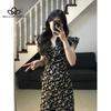French Black Floral Halter Flysleeve Dress Summer New Sexy Long Dresses Casual Dress Club Style
