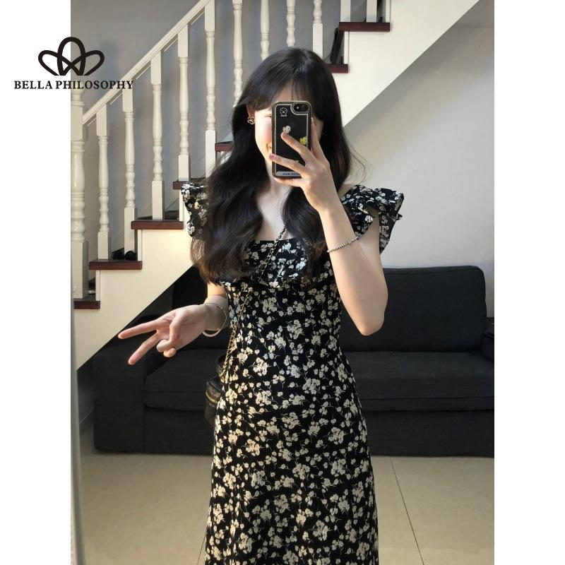 French Black Floral Halter Flysleeve Dress Summer New Sexy Long Dresses Casual Dress Club Style
