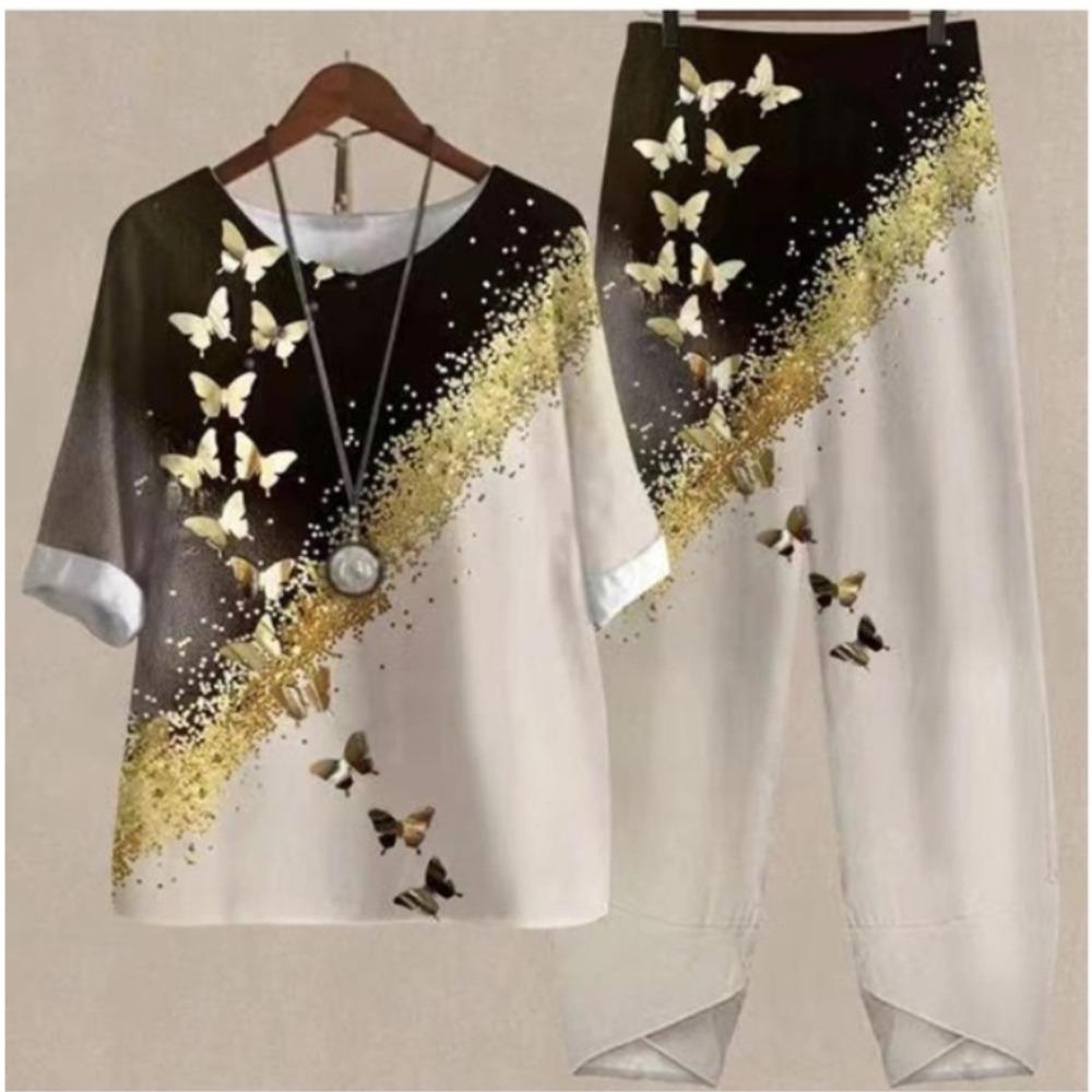 Women's Casual Two-Piece Floral Print Outfit Five-Point Sleeve Tops and Elastic Waist Pants Set