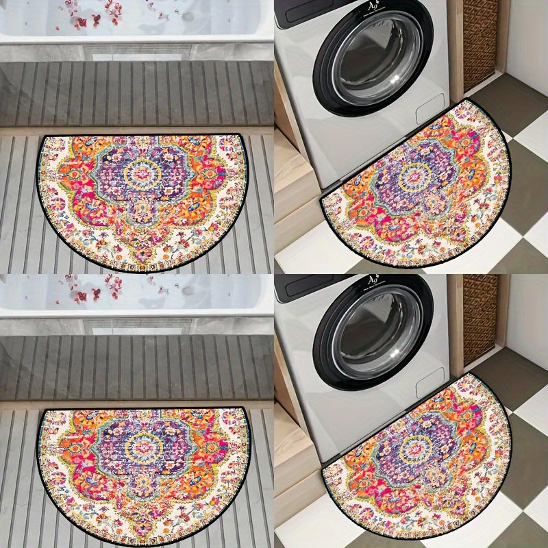Luxury Bohemian Mandala Half Round Door Mat Jewel Floral Design 2D Flat Non Slip Machine Washable Floor Rug for Entryway Bedroom Home Decor