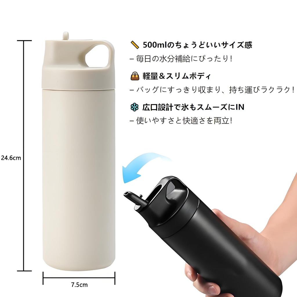 IOLOYU 500ml Stainless Steel Water Bottle, Heat-Resistant, Stylish Thermos, Insulated, Easy-to-Wash, with Handle, Stylish, Lightweight,
