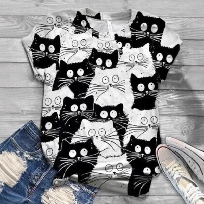 Summer Round Neck 3D Retro Cat Pattern Print Top Fashionable Casual Short Sleeved Women's T-shirts
