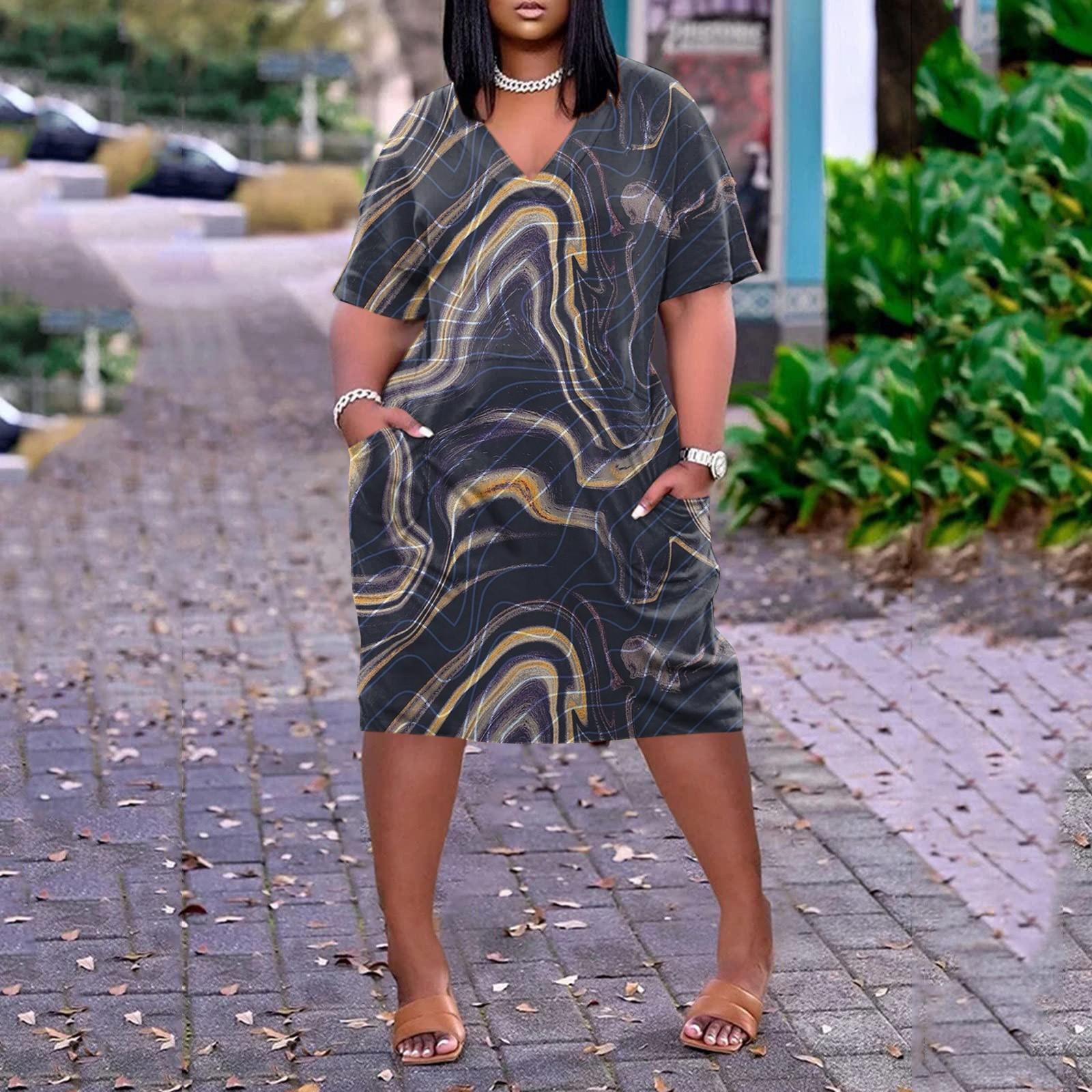 

Женское летнее повседневное платье больших размеров с v-образным вырезом и коротким рукавом с карманом до колена XL