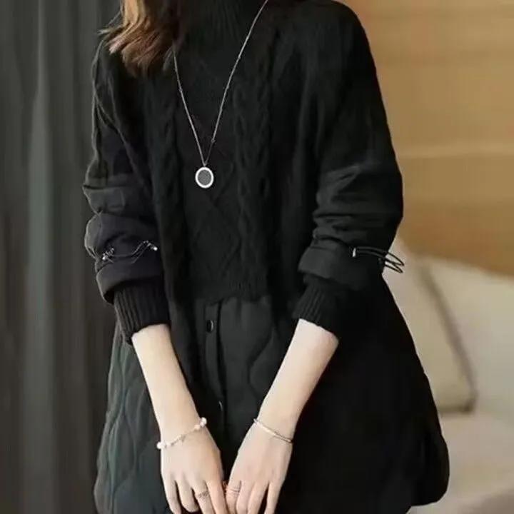 Women's Fall and Winter Mid-length Thickened Warm Long-sleeved Splicing Tops