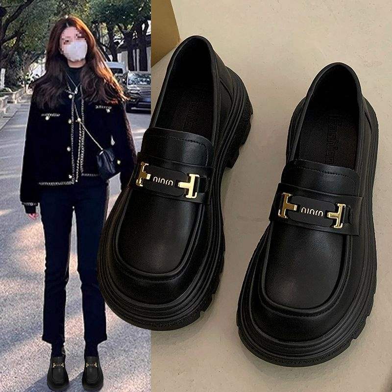Loafers women's 2025 new autumn women's shoes platform sole one-pedal British style small leather shoes black shoes jk single shoes