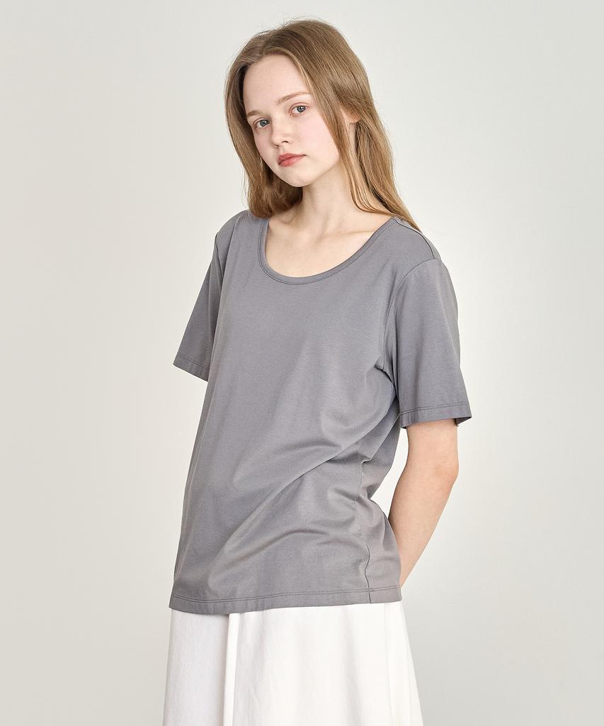 BASIC HOUSE Women'S U-Neck Oversized Stretch Short Sleeve T-Shirt Dark Gray Lats0210