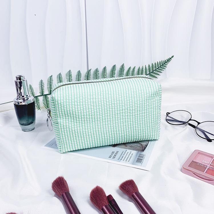 Seersucker Makeup & Toiletry Bag: Large Capacity, Embroidered, Striped Travel Clutch