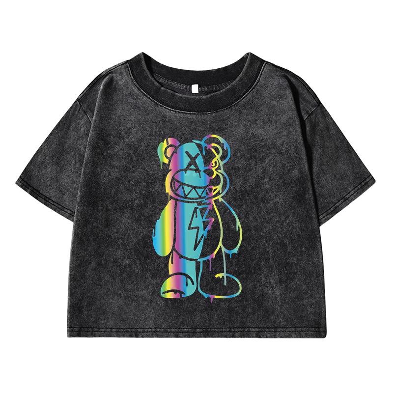 Rainbow Bear Patternprinting Female Washed Short T-Shirt Fashion Tshirt Street Tops Summer Midriff-Baring Clothes