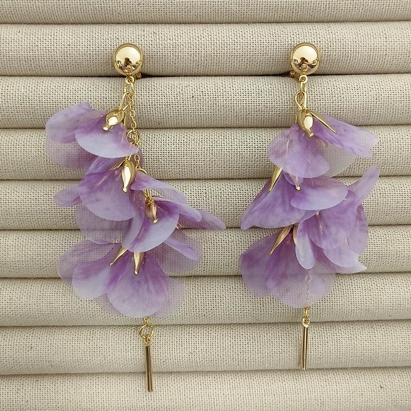 Pink Fabric Flower Clip on Earrings for Women Fashion Handmade Long Tassel Ear Clips Sweet Temperament Banquet Vacation Jewelry