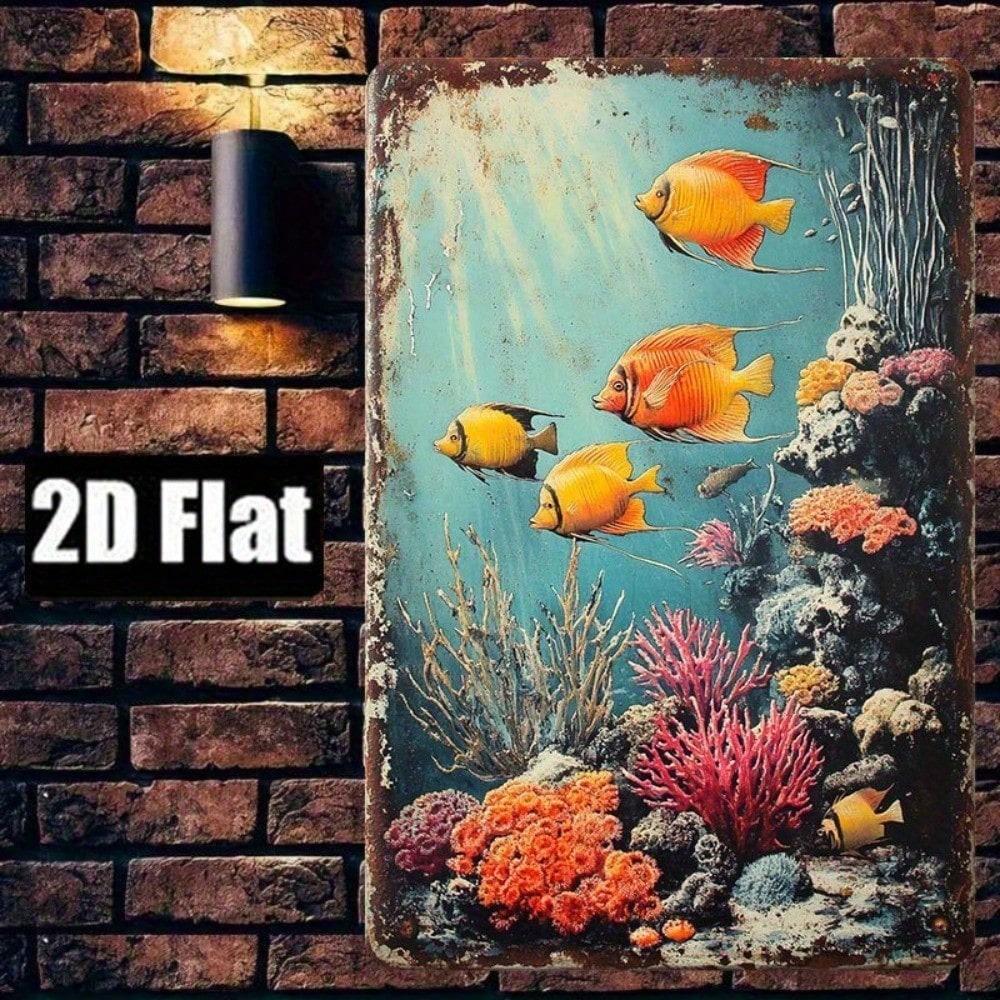2D Retro Underwater Fish Coral Reef Metal Sign Rustic Wall Art Home Office Decor 7.8x11.8 Inch
