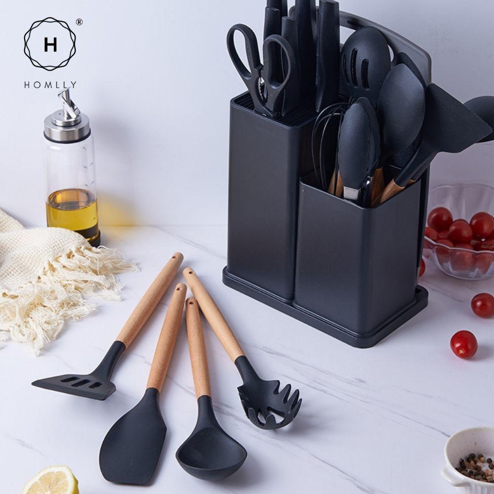 Homlly 19pcs Kitchen Cooking Utensils Set with Stainless Steel Knife Set with Block